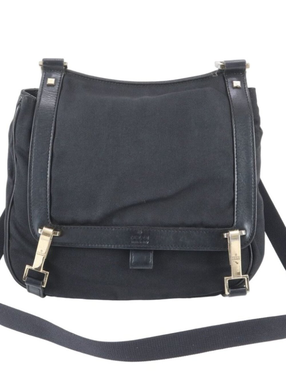 Gucci 019 Leather Shoulder Bag Crossbody Hand Tote Black Gold